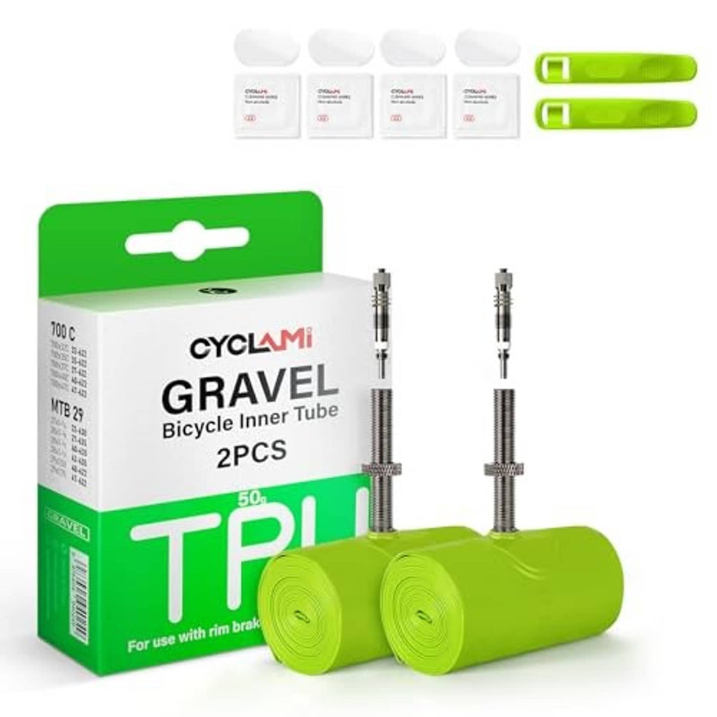 Gravel bicycle inner tube 2-pack: green tube rolls and two upright metal valve stems