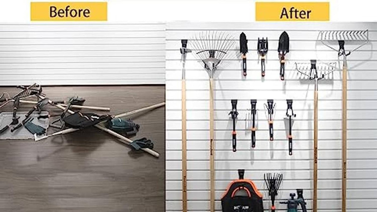 Garage wall tool hooks after installation on a slatwall panel