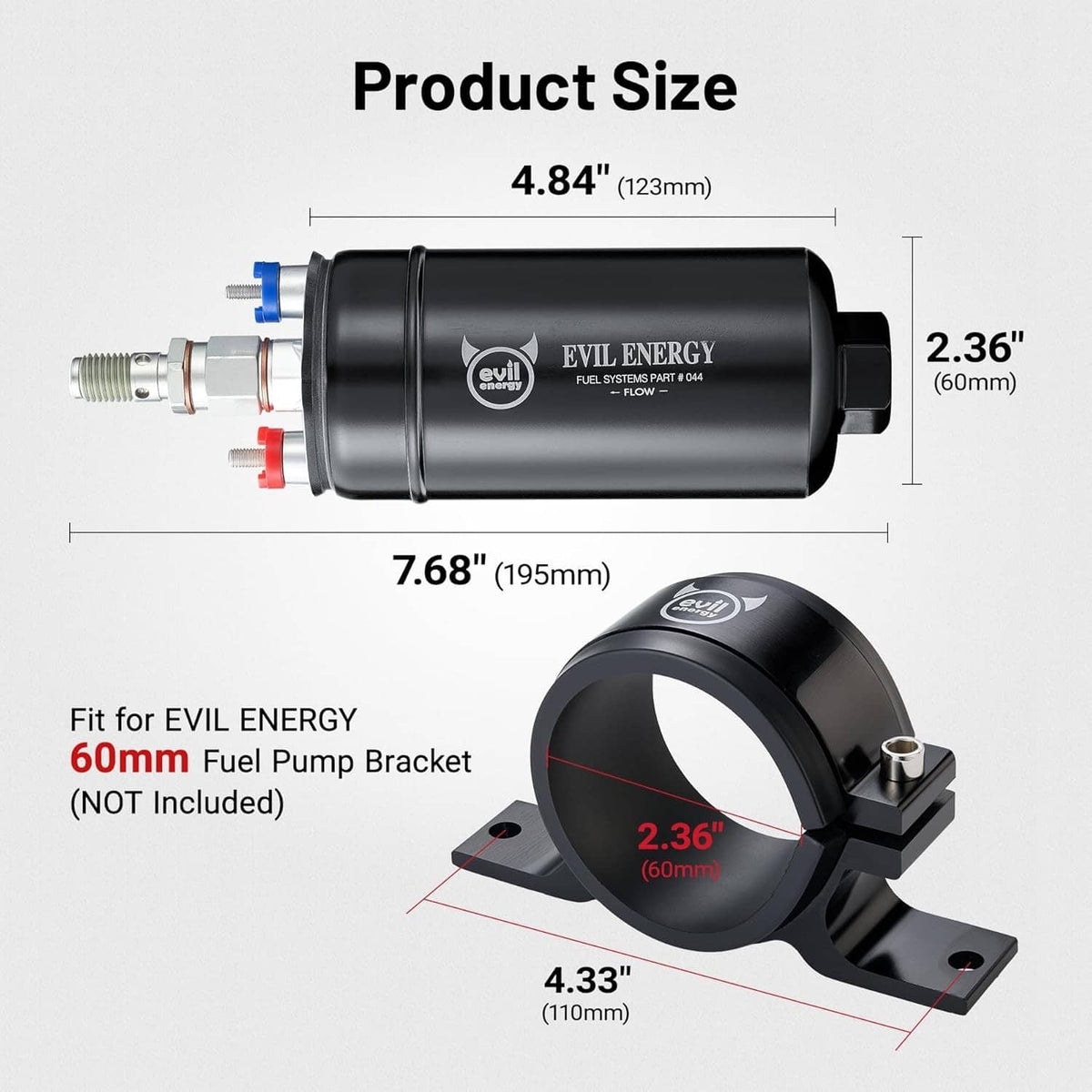 Evil Energy inline fuel pump, 195mm length and 60mm diameter compact cylinder