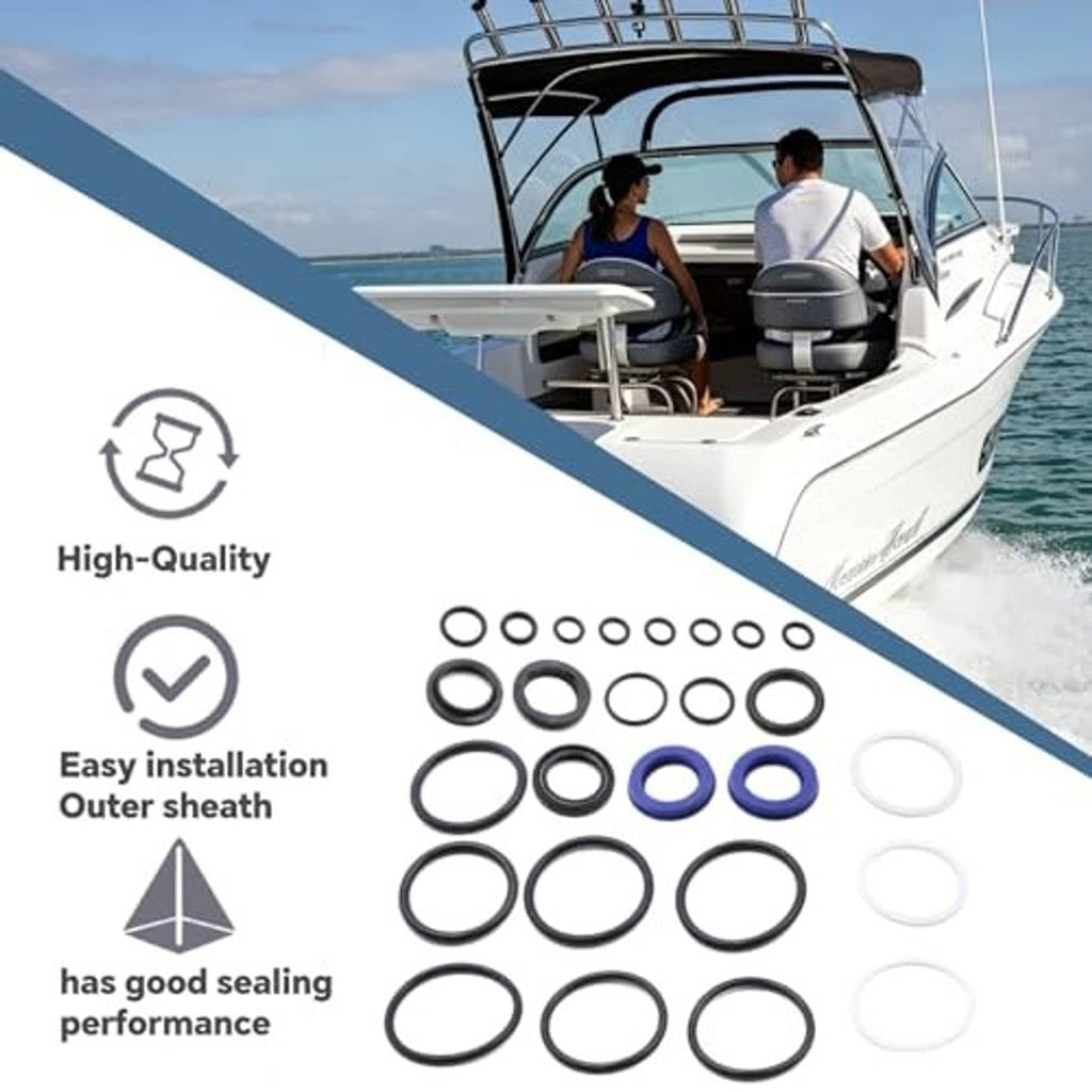 Tilt trim seal kit assortment of black O-rings and white seals with blue rings