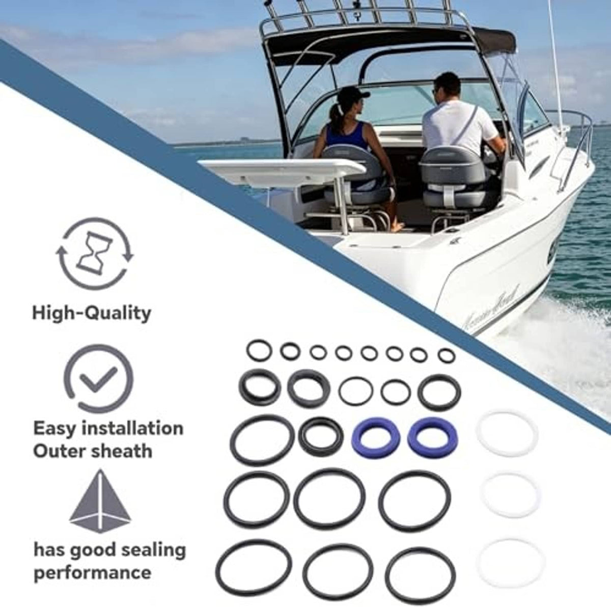 Tilt trim seal kit assortment of black O-rings and white seals with blue rings