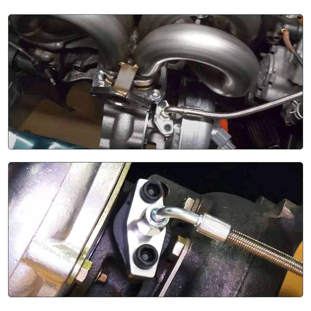 Turbo oil drain outlet flange adapter installed on engine/turbo plumbing assembly