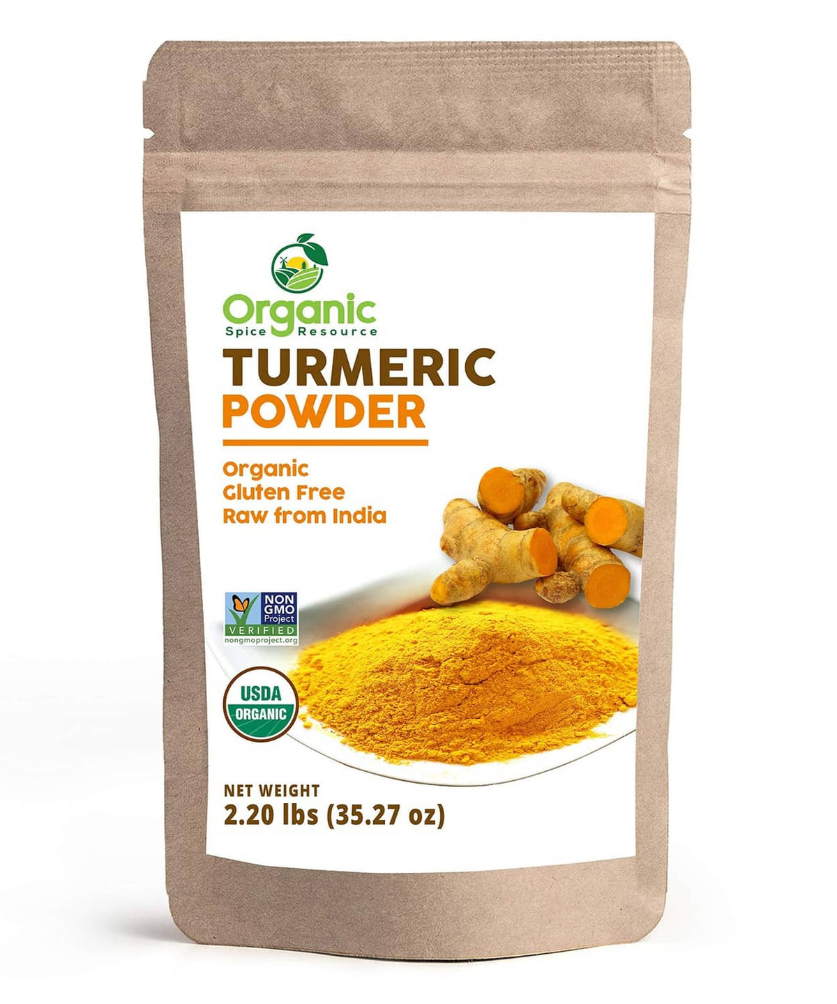 Turmeric powder in kraft stand-up pouch, labeled Organic Spice brand