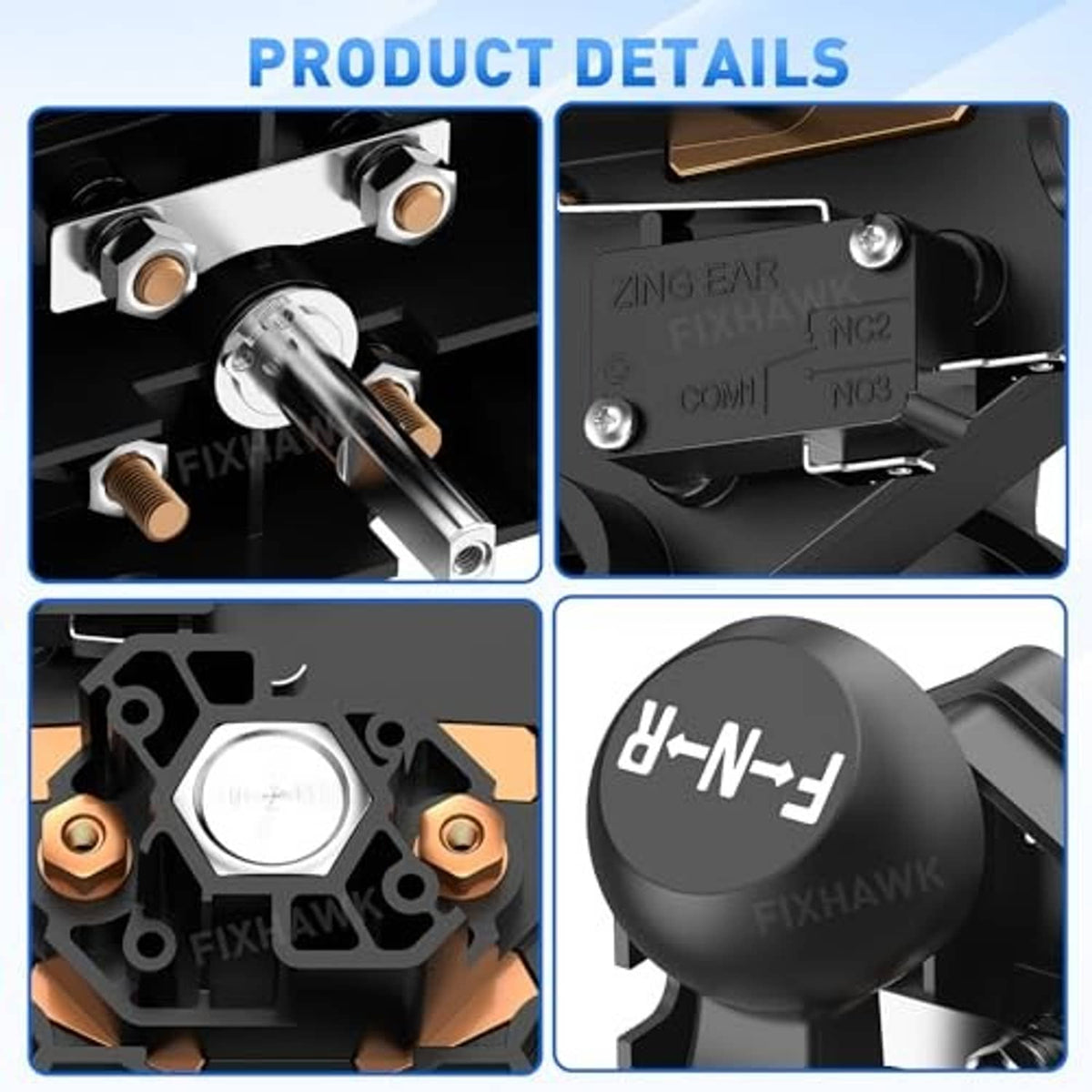 Forward/reverse switch with metal contact hardware and black housing, close-up