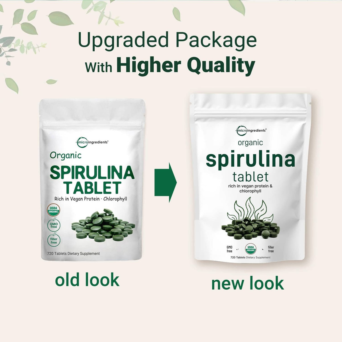 Organic spirulina tablet pouch comparison, old look vs new look with green tablets