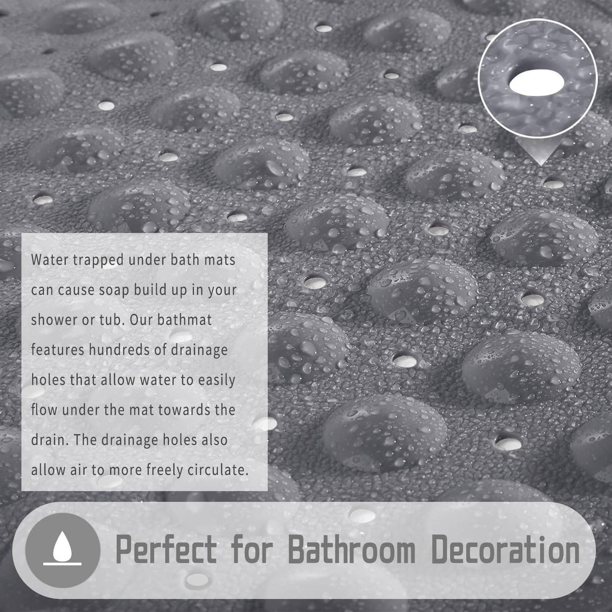 Gray shower mat surface with drainage holes and suction cups, water beads on top