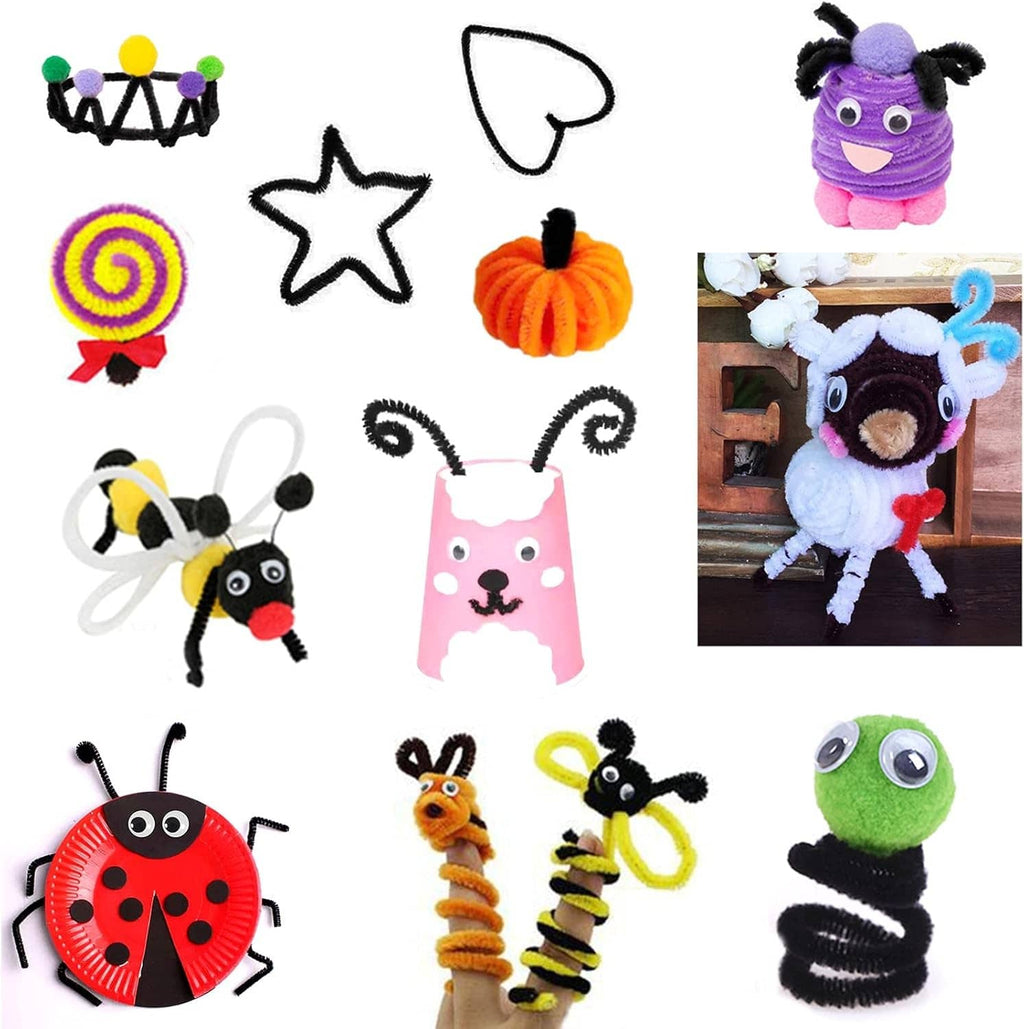 Colorful pipe cleaner craft figures featuring black fuzzy chenille stems