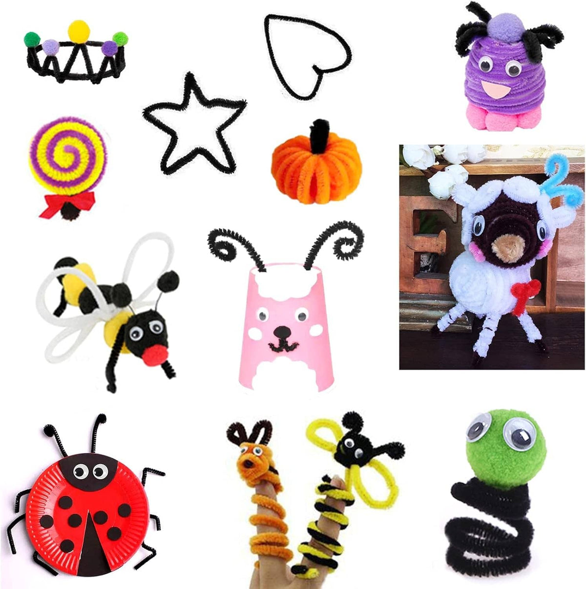 Colorful pipe cleaner craft figures featuring black fuzzy chenille stems