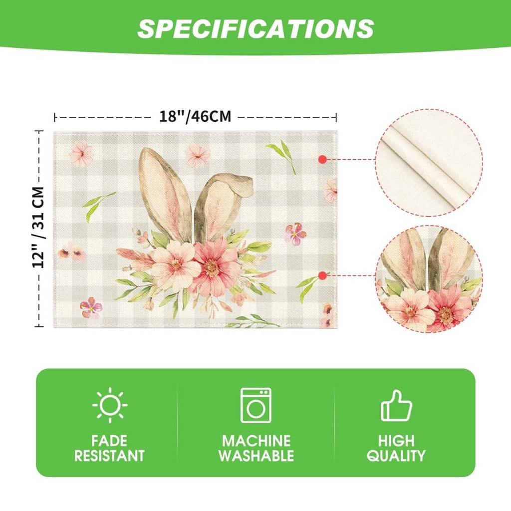 Set of rectangular beige plaid bunny-ear floral placemats, 12 x 18 in, four-pack.