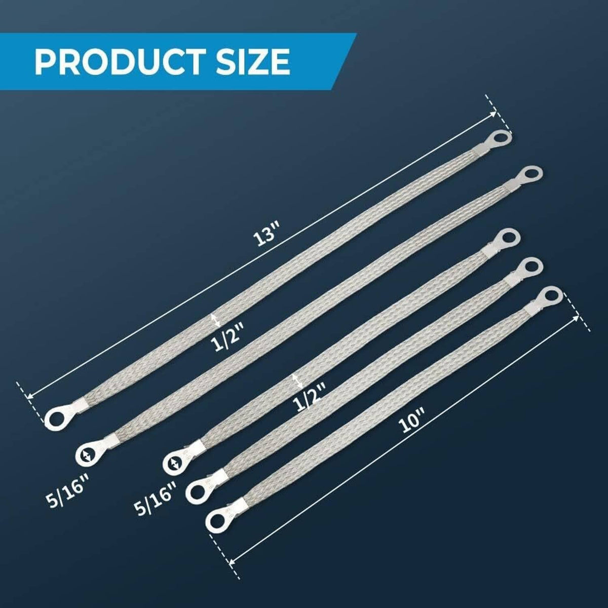 Five braided copper ground straps with ring terminals, assorted lengths