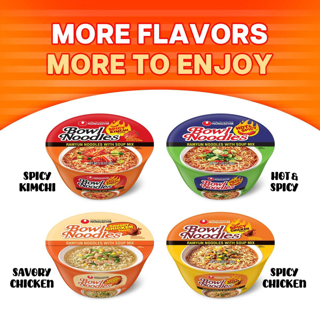 Four-pack variety of Bowls Noodles ramen cups: spicy and savory chicken