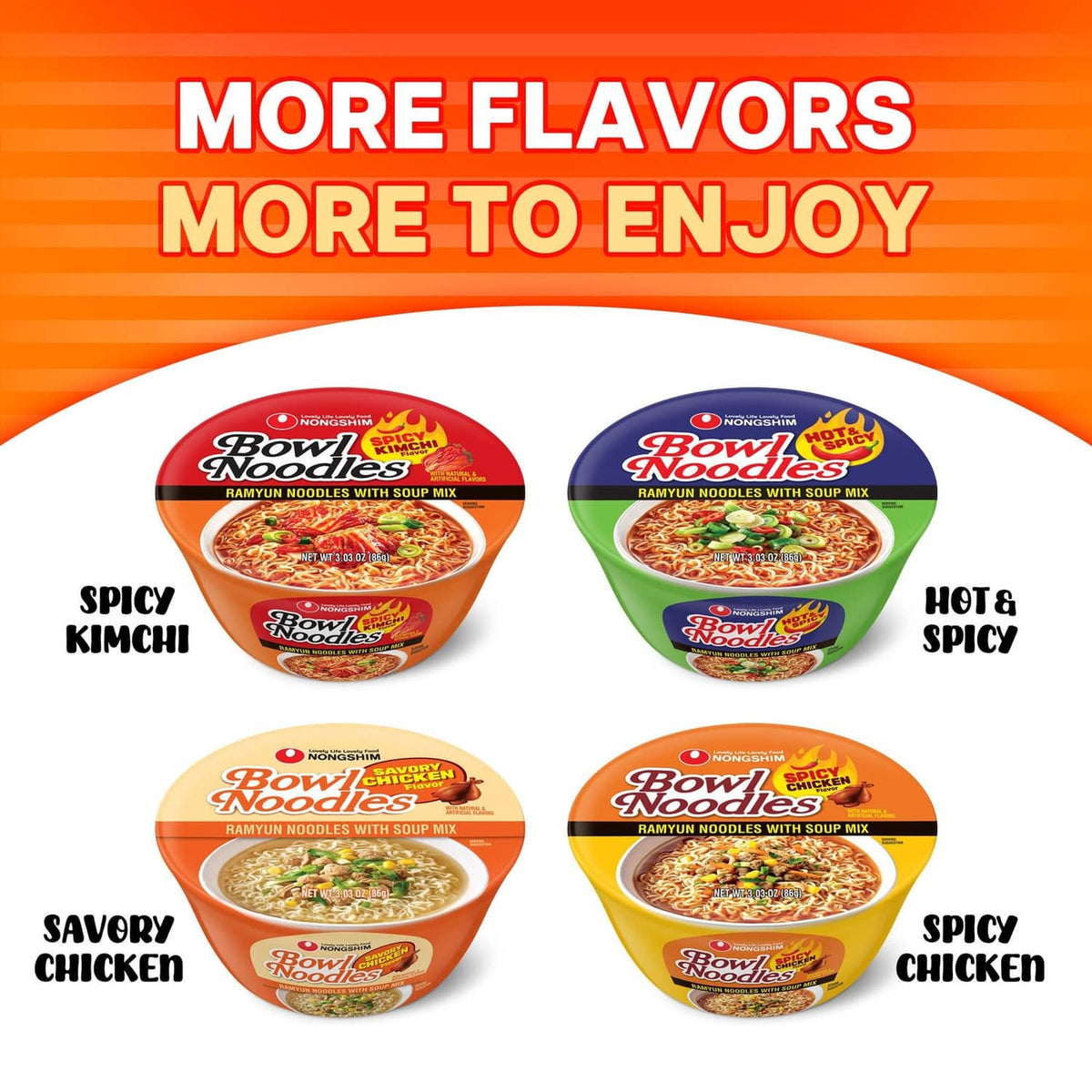 Four-pack variety of Bowls Noodles ramen cups: spicy and savory chicken