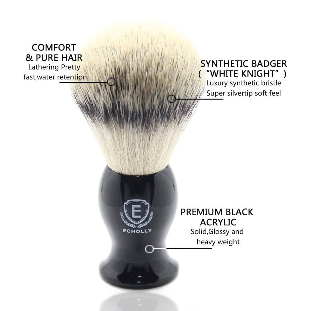 Men's shaving brush with synthetic badger bristles, black premium acrylic handle