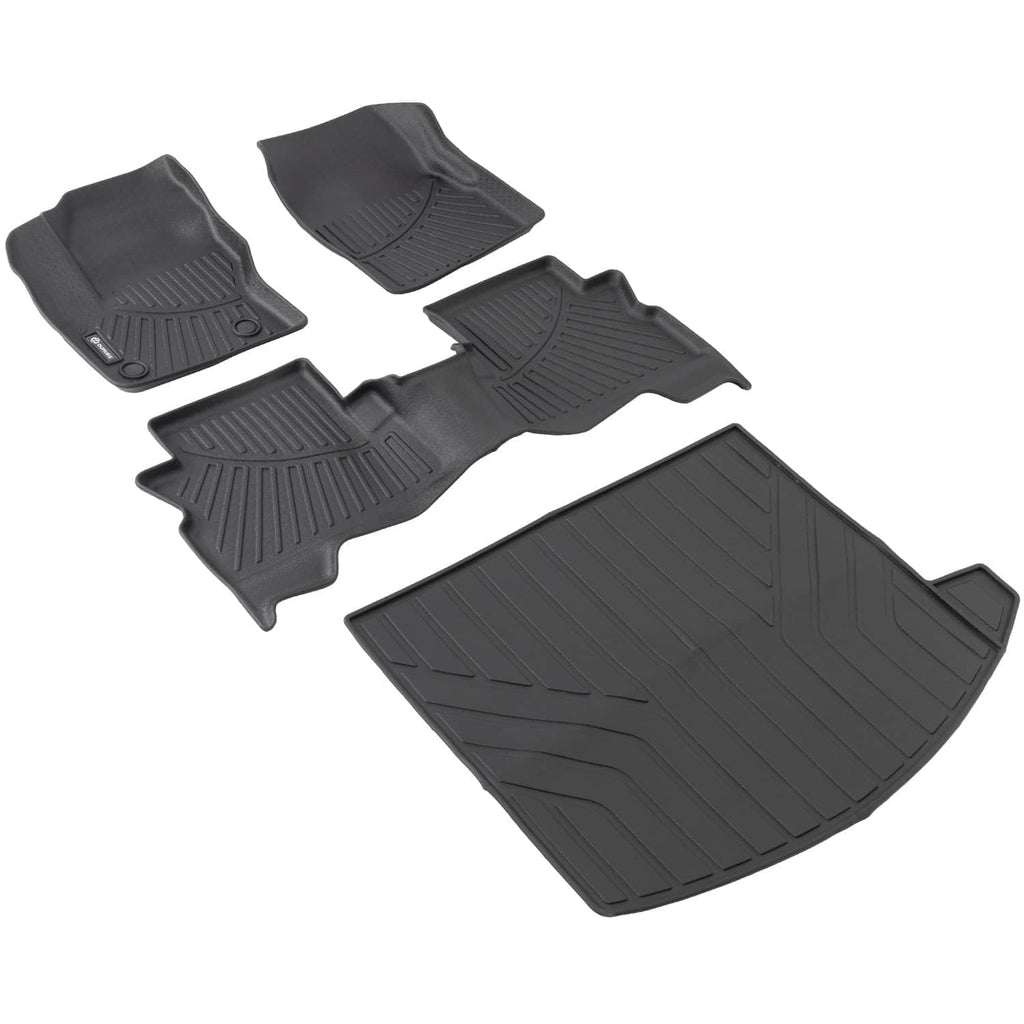 Black car floor mats and cargo liner set with raised diagonal and ribbed grooves