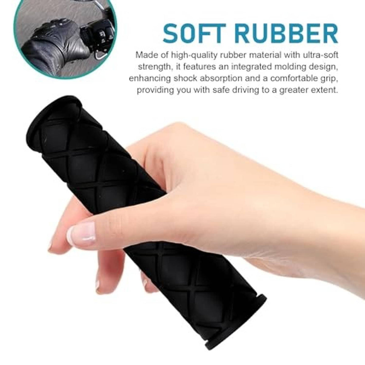 Soft-touch black rubber motorcycle hand grip with diamond texture for comfortable hold