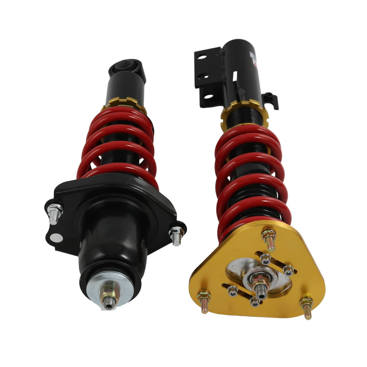 Adjustable coilover struts, red spring coils on black dampers with gold upper plates