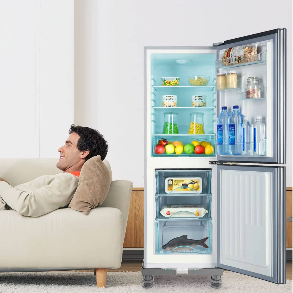 Mini fridge with transparent door mounted on adjustable grey stand legs