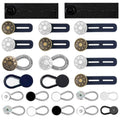 Elastic waist extender buttons set with blue and dark metal pieces, round coin buttons