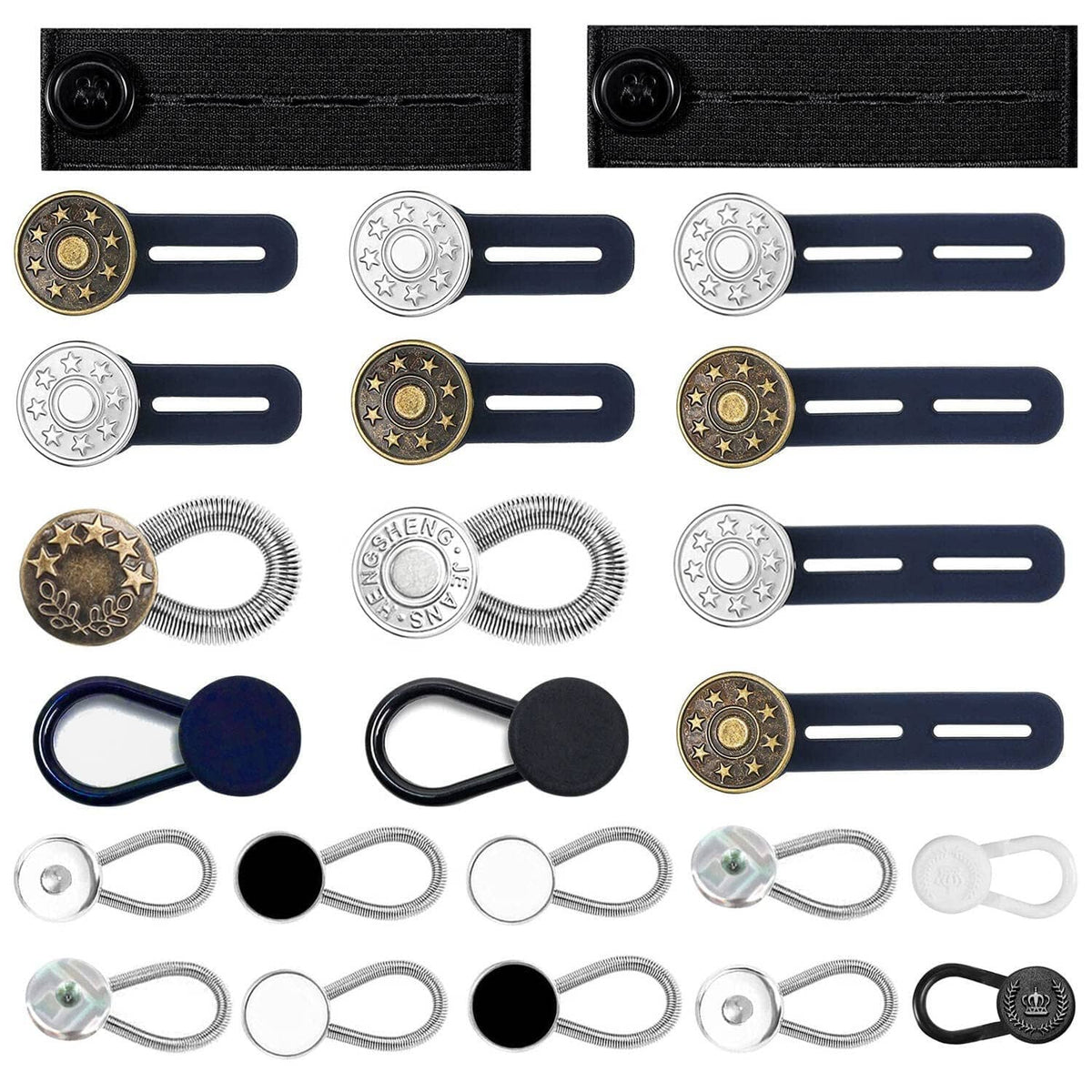 Elastic waist extender buttons set with blue and dark metal pieces, round coin buttons