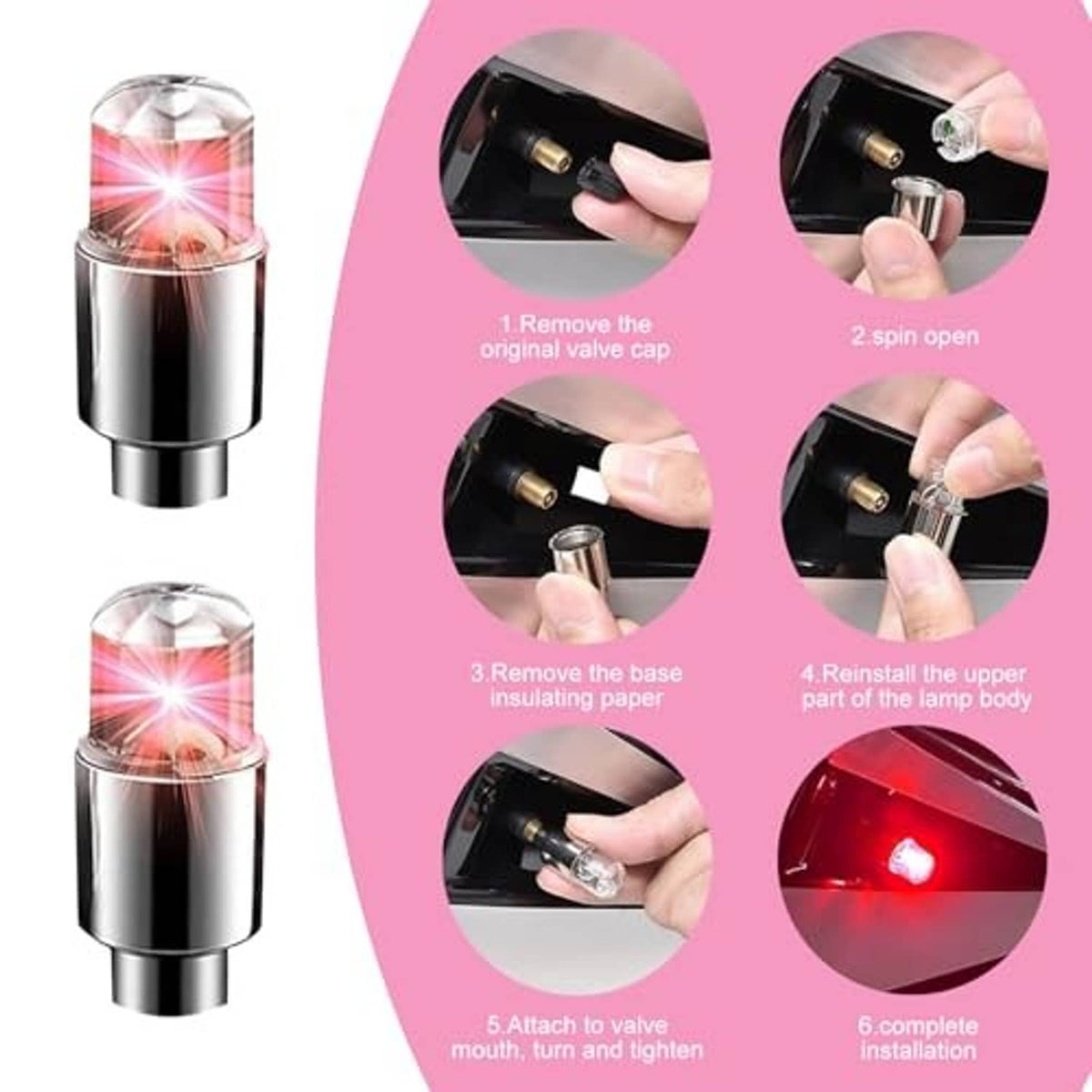 Tire valve stem cap installation steps with red LED light dome