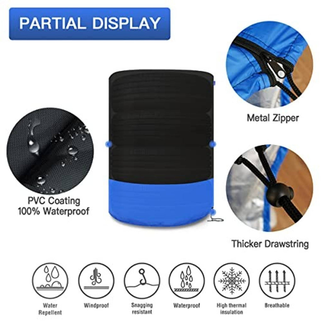Large tire cover with black-and-blue PVC-coated fabric, metal zipper and thicker drawstring