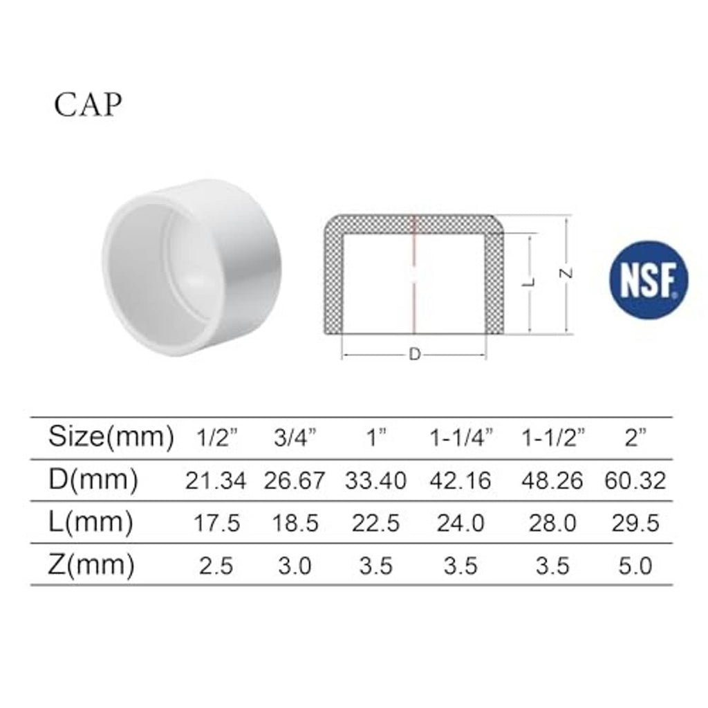 White PVC end cap with measurement diagram for schedule 40 pipe sizes