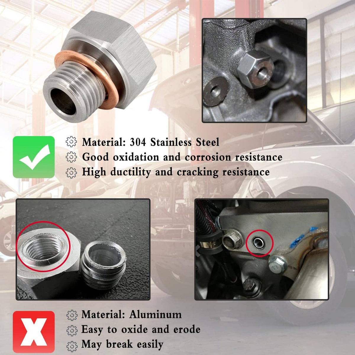 Oil pressure sensor adapter installed on engine, showing copper gasket and threads