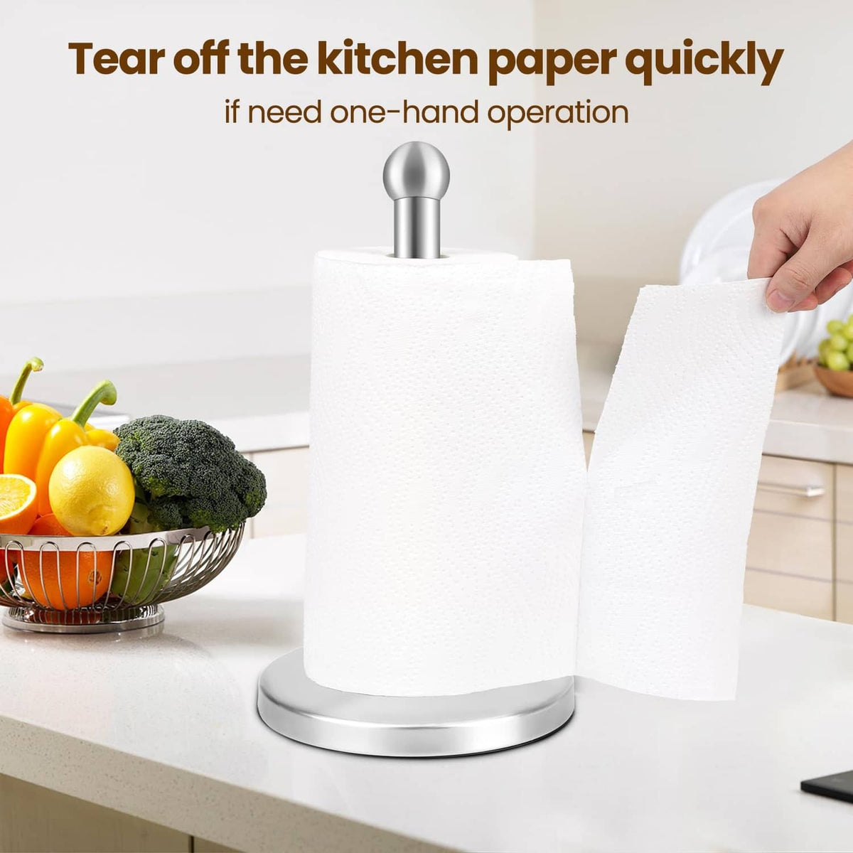 Silver paper towel holder stand with tall pole holding two paper towels