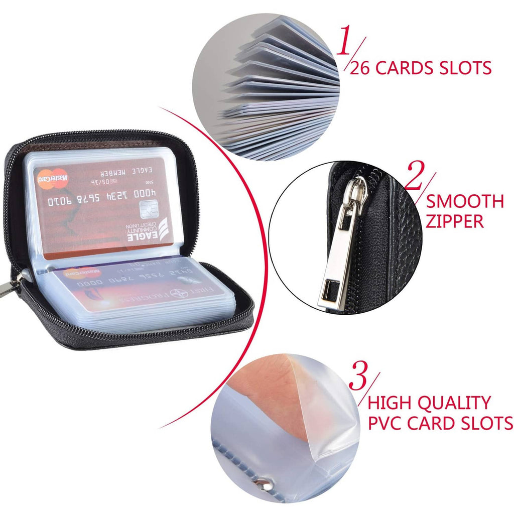 Leather zip card wallet with stacked cards, showing slot inserts and zipper detail