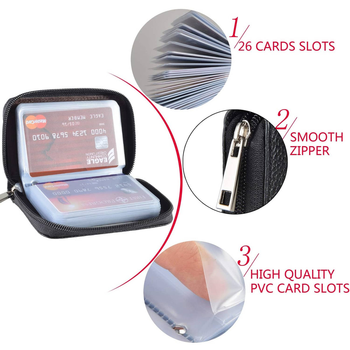 Leather zip card wallet with stacked cards, showing slot inserts and zipper detail