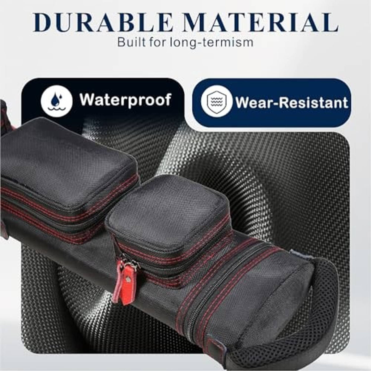 Water-resistant nylon pool cue case with textured black fabric and orange-trim stitching