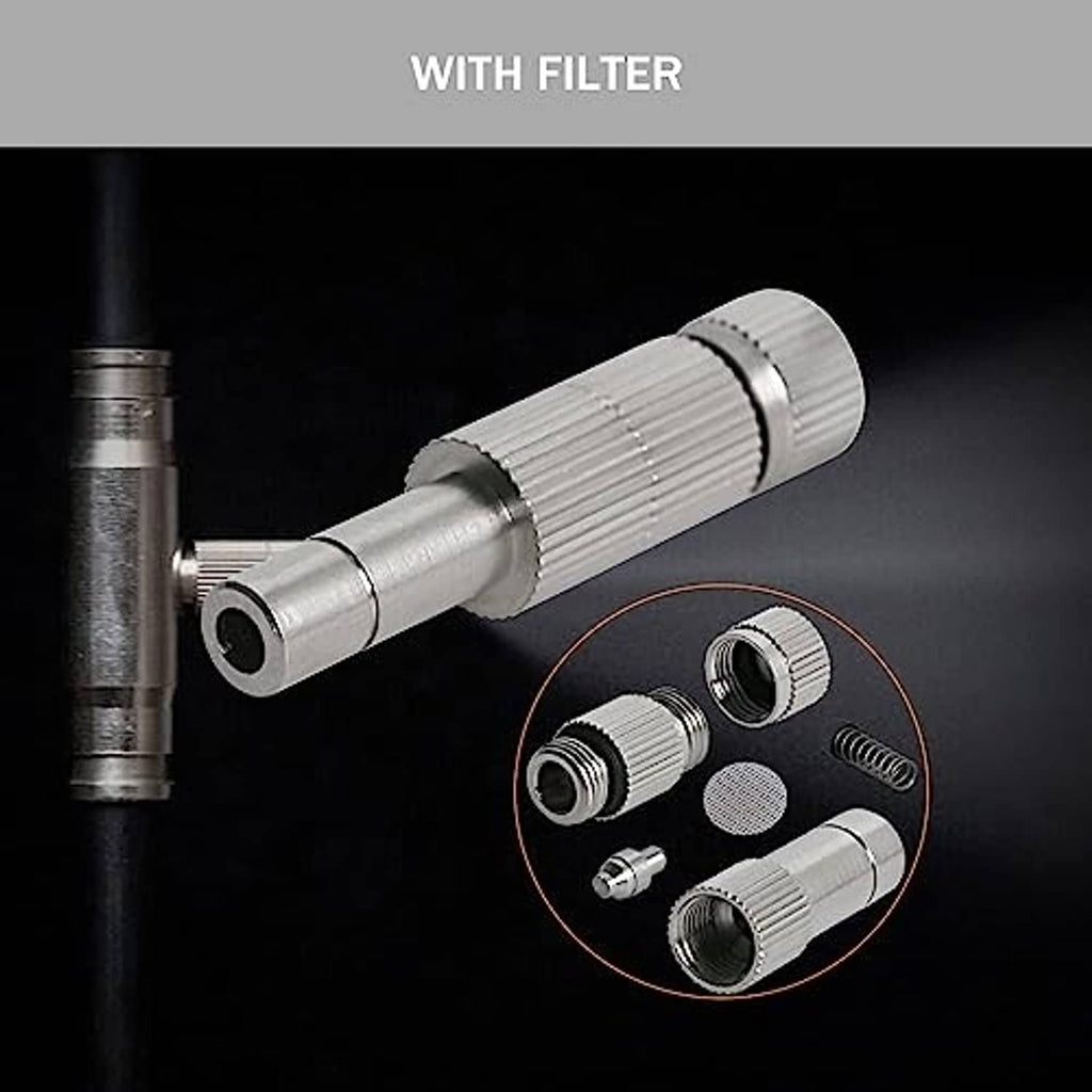 Mister nozzle with built-in filter screen, silver ridged brass body