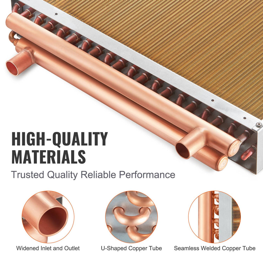 Water-to-air heat exchanger angled view with copper tubes across the fin core