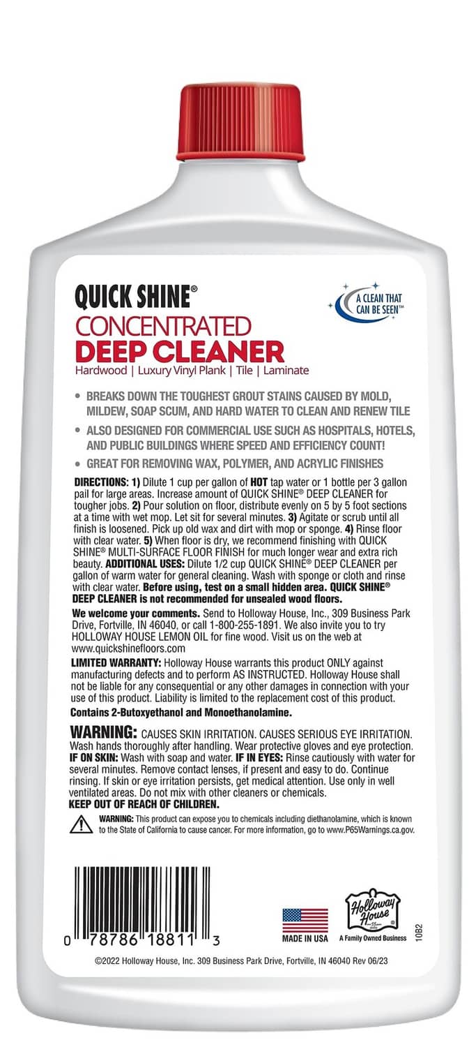 Quick Shine deep cleaner bottle back label with barcode and directions, red cap