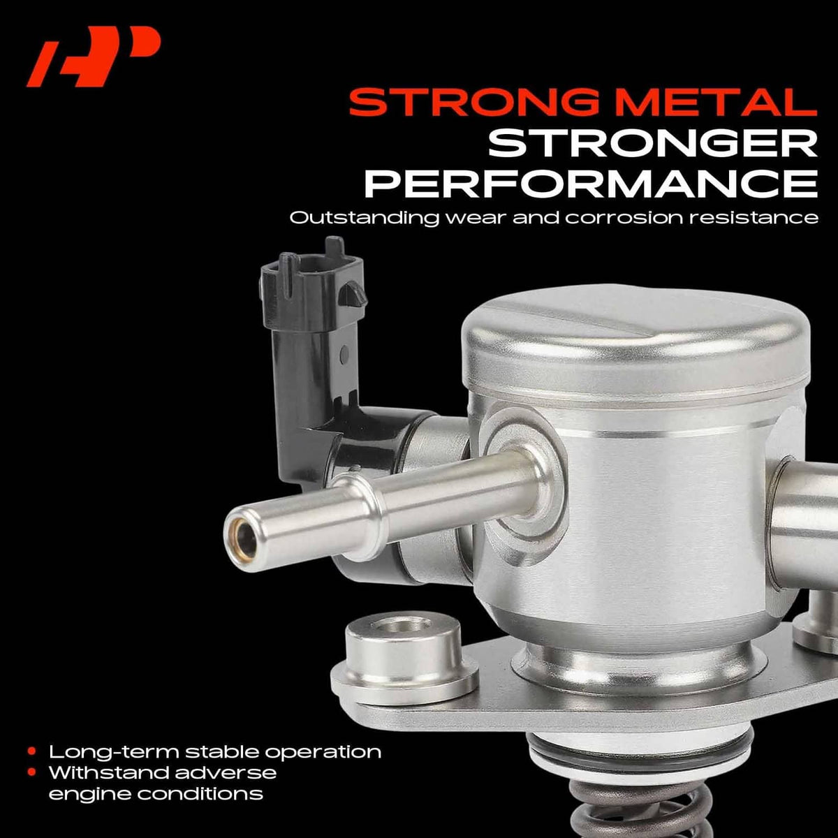 Metal high-pressure fuel pump with spring, cylindrical body, and mounting bracket