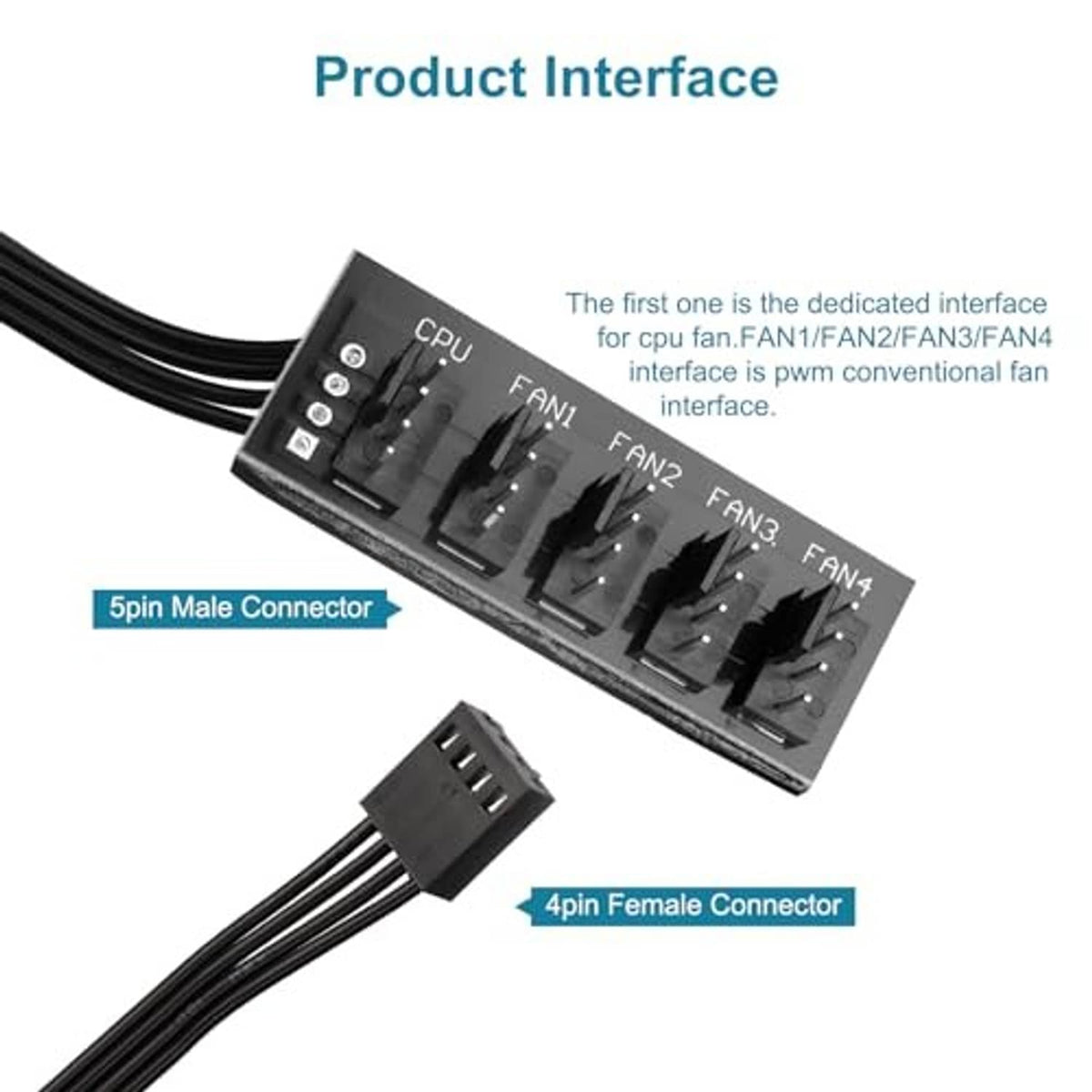 PC fan hub splitter with 5-pin male and 4-pin female connectors, black board