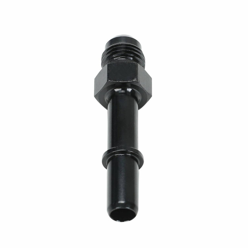 Black male fuel fitting adapter end with hex nut and barbed-style connector