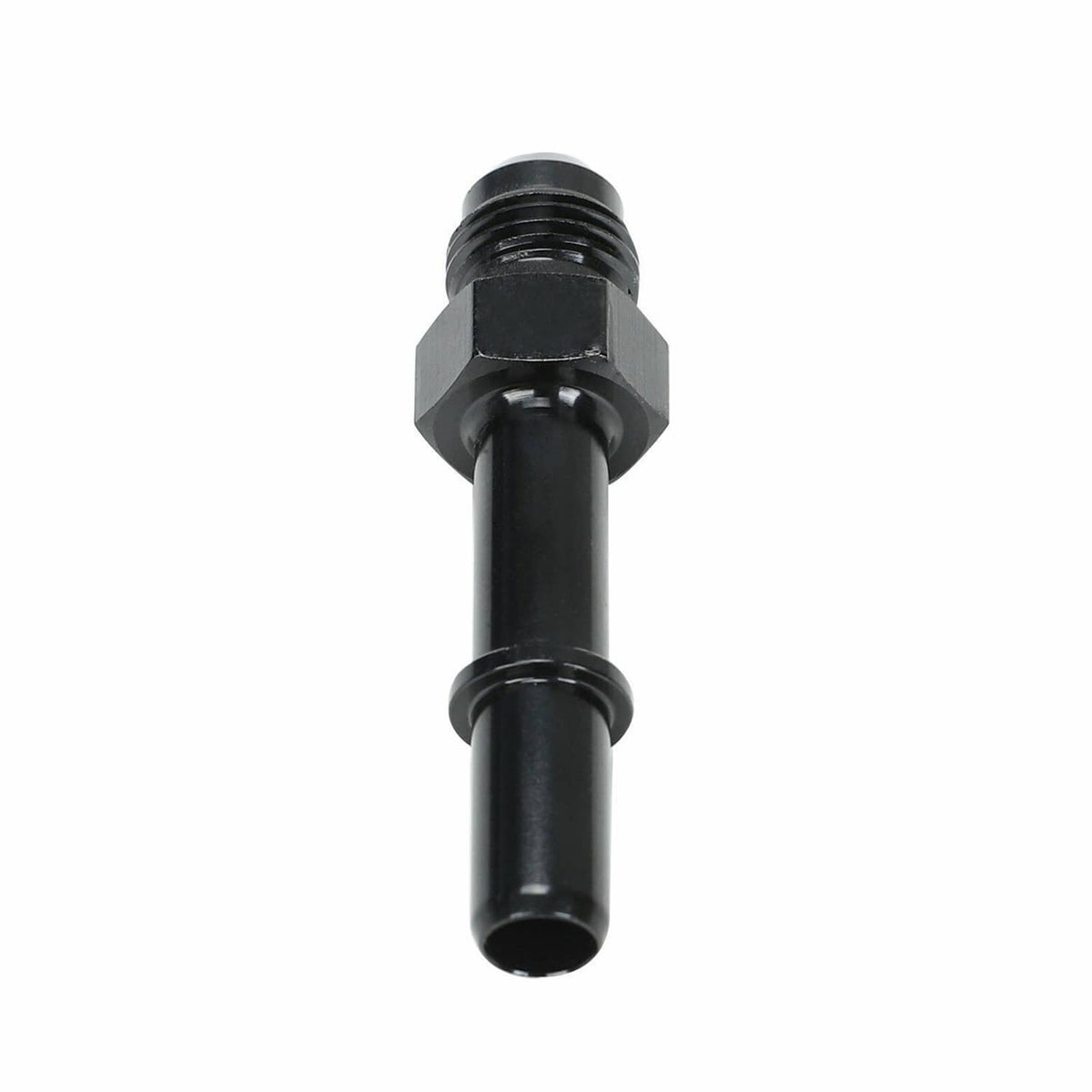 Black male fuel fitting adapter end with hex nut and barbed-style connector