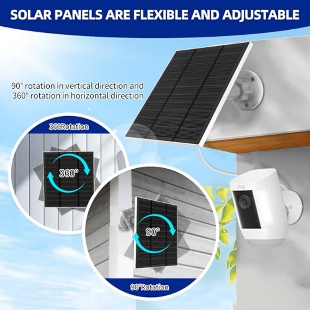 Adjustable outdoor solar panel with wall mount and white cable, shown with rotation angles