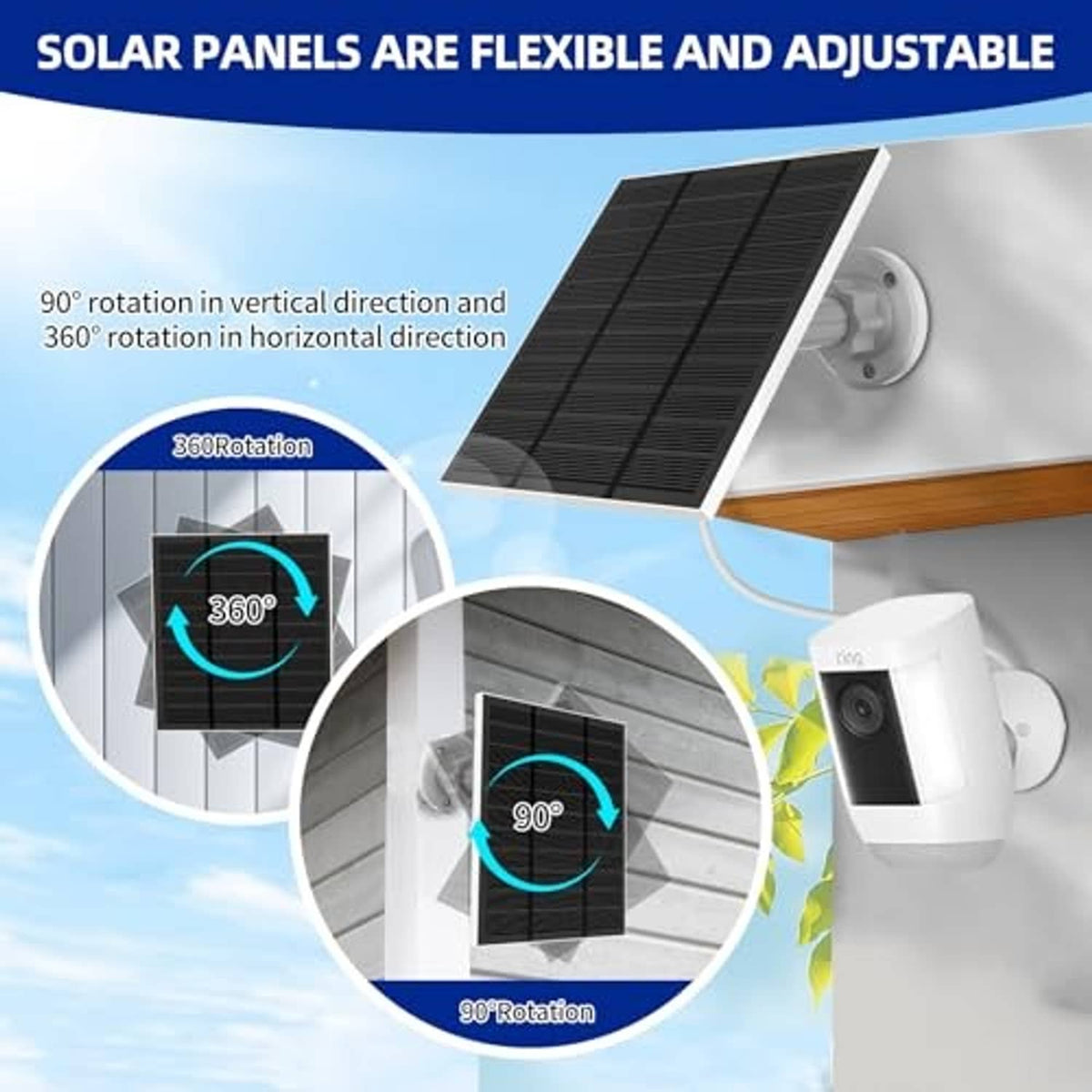 Adjustable outdoor solar panel with wall mount and white cable, shown with rotation angles