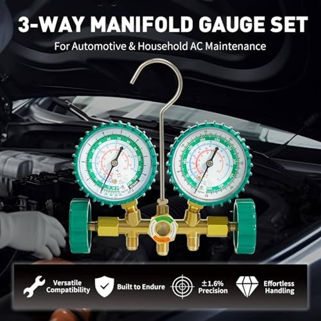 Automotive AC 3-way manifold gauge set with two green dial pressure gauges and hook