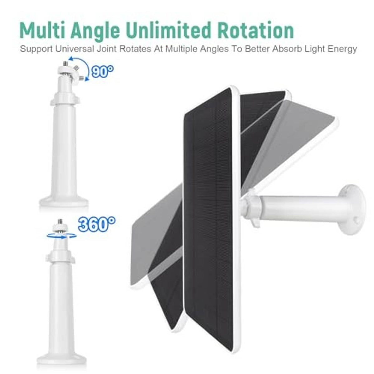 Rotating solar panel mount with black panel and white pole-style bracket