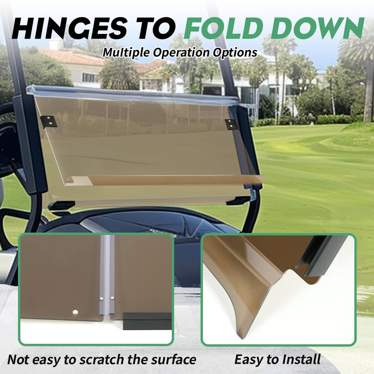 Golf cart tinted windshield with hinged frame, shown folded down over the dash area