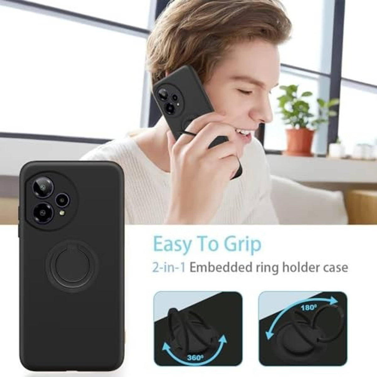 Black phone case with embedded ring holder for grip and camera cutouts.