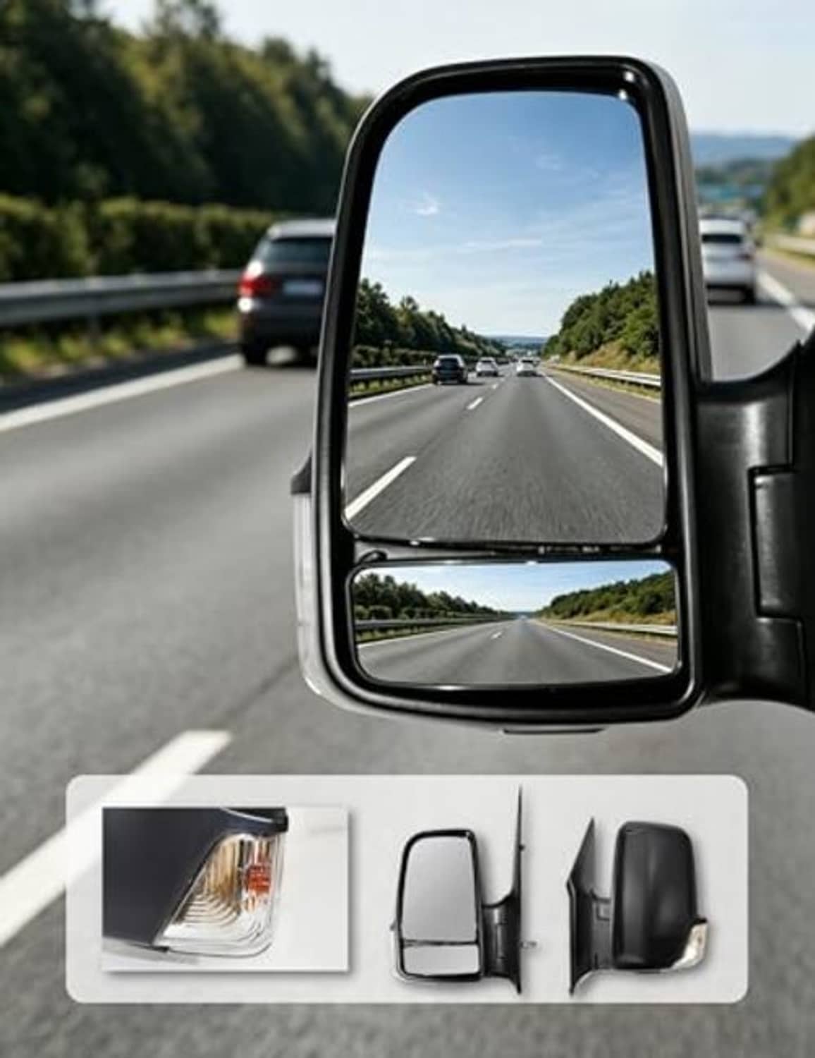 Left side mirror with black housing and clear turn-signal lens; parts shown below