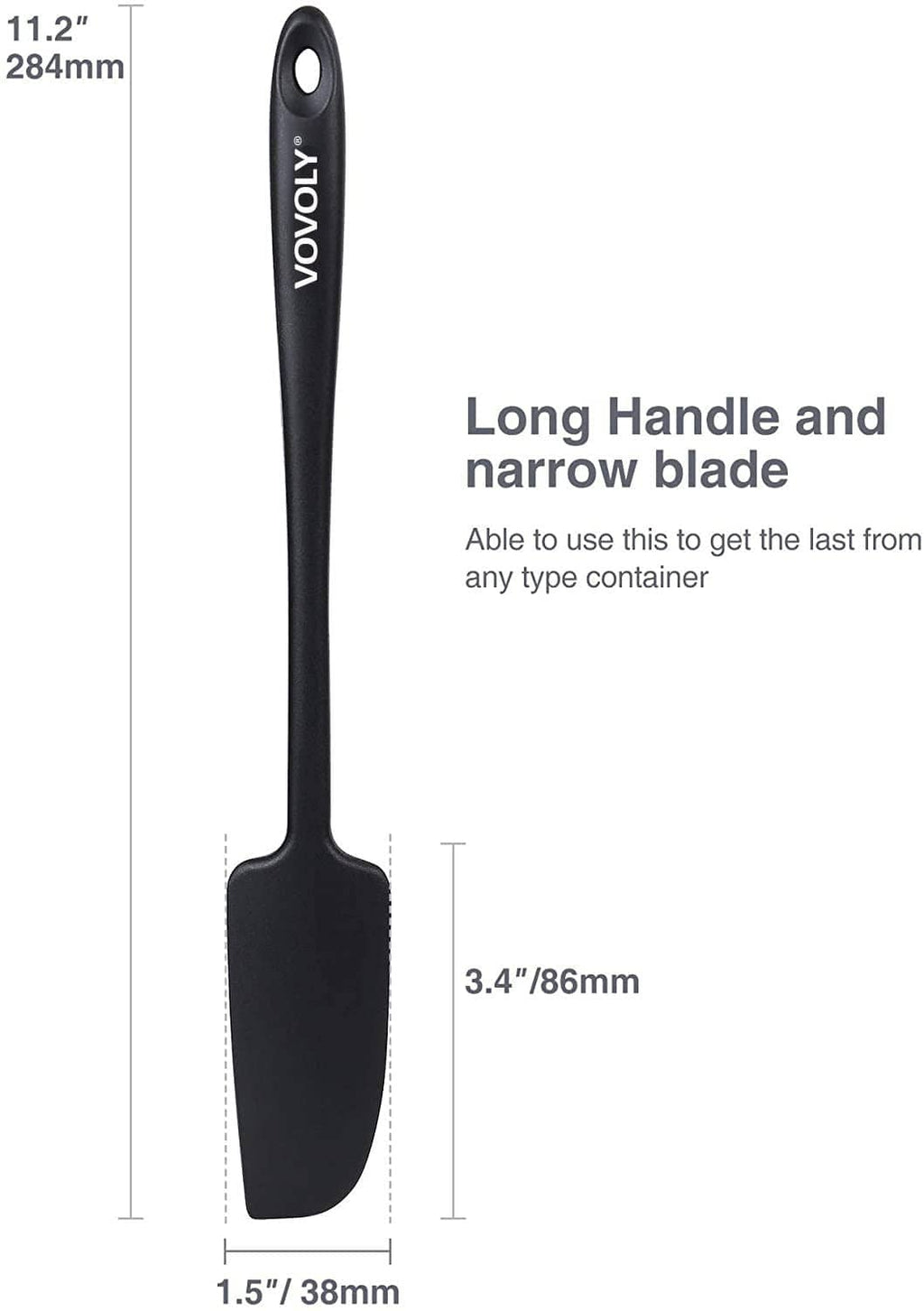 Black silicone spatula with long handle and narrow, flat blade for jars