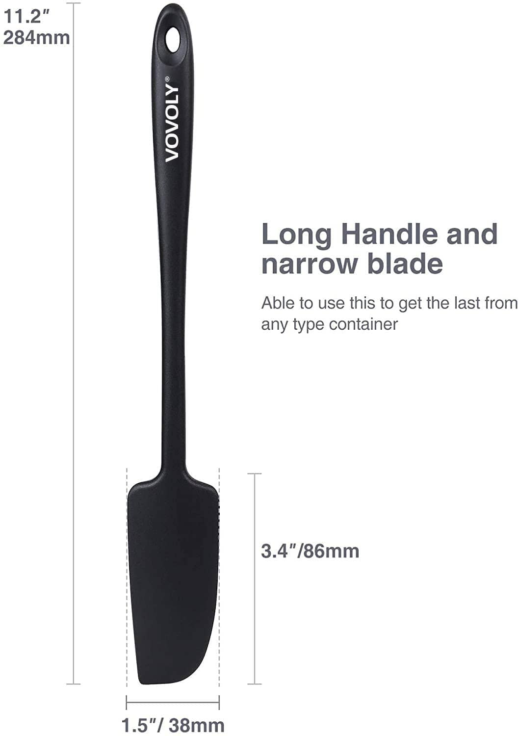 Black silicone spatula with long handle and narrow, flat blade for jars