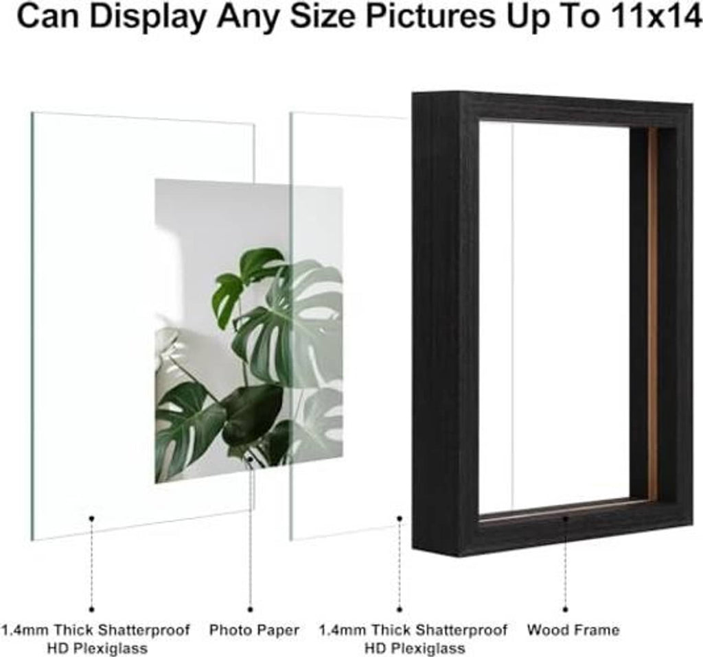 Floating picture frames set with double-plexiglass, faded black wood frame, empty display