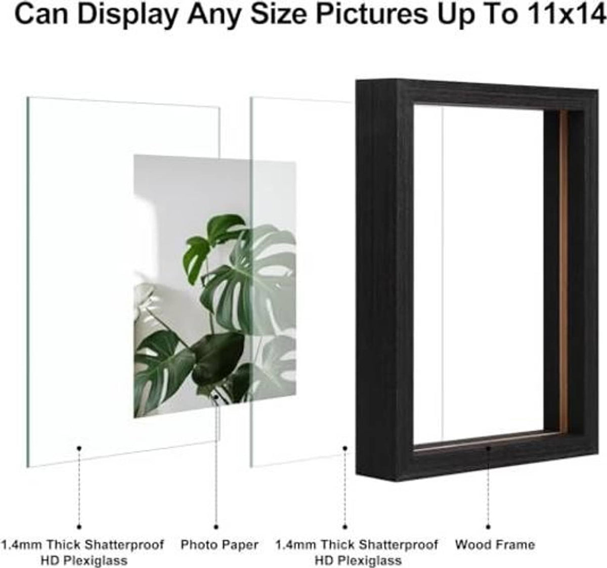 Floating picture frames set with double-plexiglass, faded black wood frame, empty display