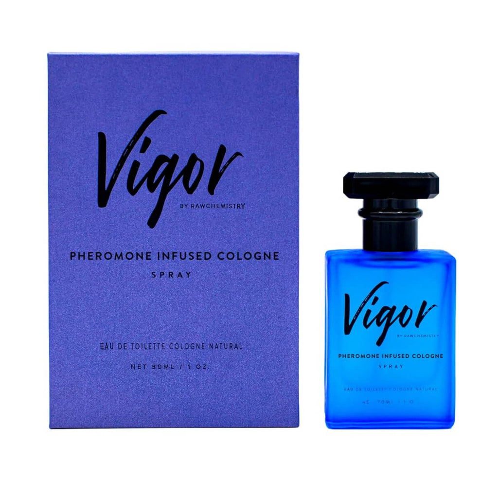 Vigor pheromone-infused cologne set: blue bottle with black cap and matching box